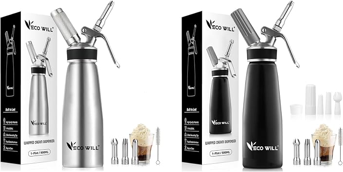Professional Whipped Cream Dispenser, Durable Aluminum Cream Whipper with 2 Sets of Stainless Steel and Plastic Tips & Cleaning Brush,1-Pint / 500 mL, Homemade Cream Maker