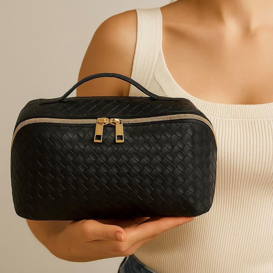 Luxury Large Capacity Woven Cosmetic Bag - Portable Makeup Bags for Women Waterproof PU Leather Checkered Makeup Organizer Bag with Dividers and Handle, Toiletry Bag for Cosmetics, Large - Image 4