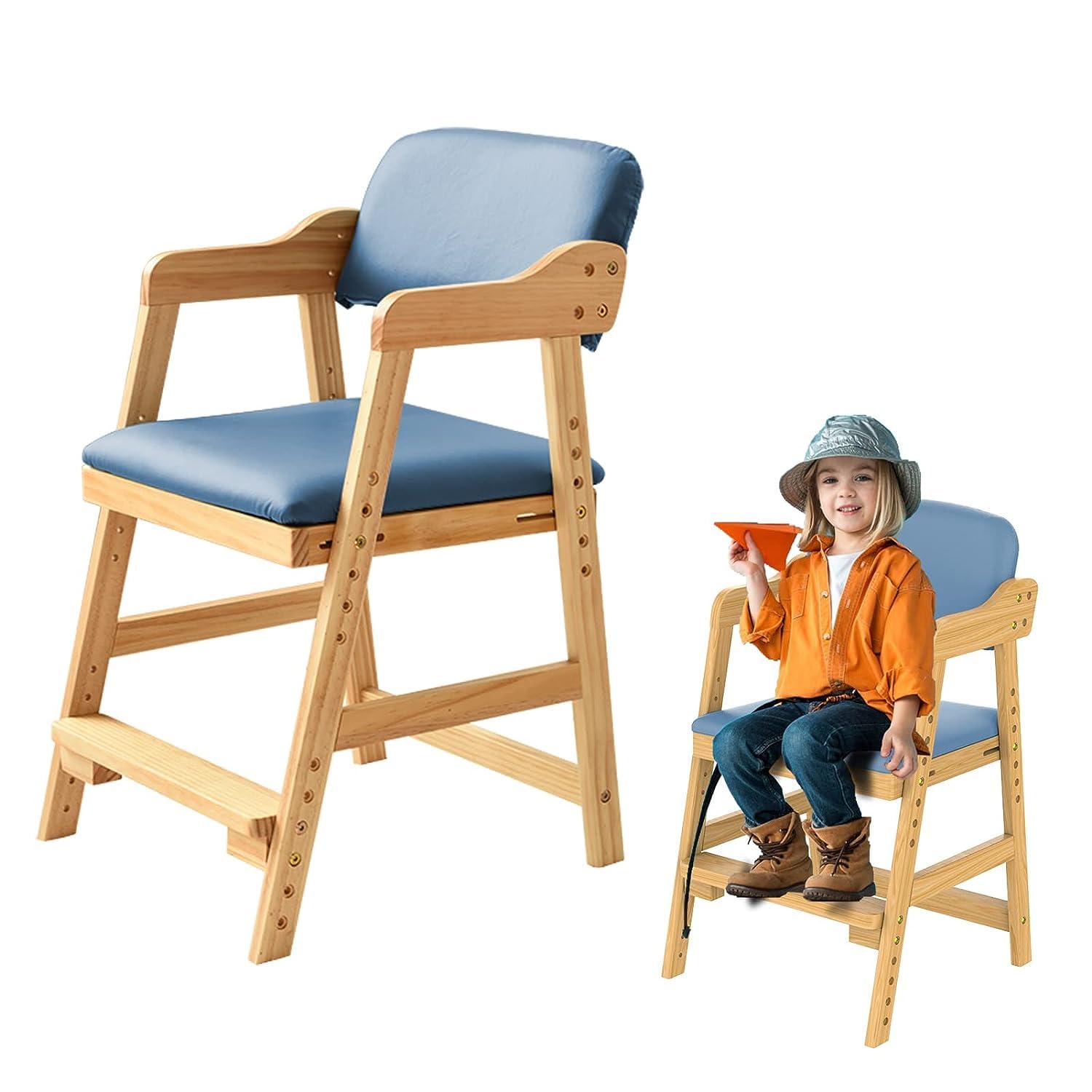 Hcosmy Wooden High Chair for Toddlers, Adjustable Toddler High Chair with High Rebound Waterproof Cushion for Toddlers to Teens，Toddler Dining Chair with Steps for Kids Dining, Studying (Blue)