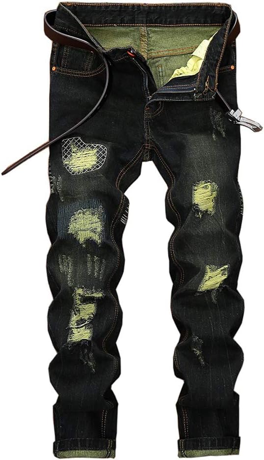 Chowsir Men Vintage Skinny Moto Biker Jeans Stretch Ripped Patch Jeans Straight Denim Pants