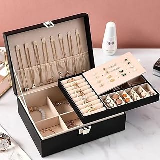 2 Tier Luxury Leather Jewelry Box with Lock and Key, Jewelry Accessories Organizer, Black