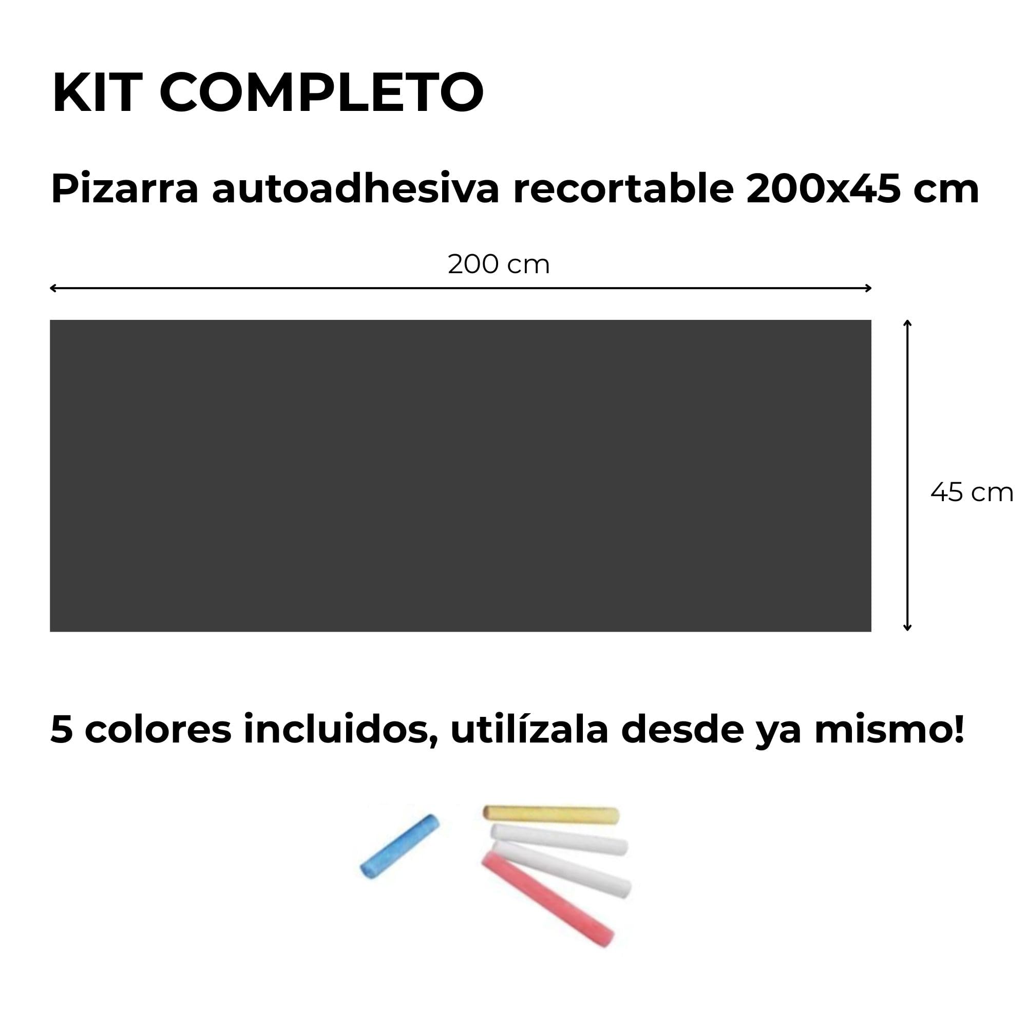 Pizarra pared, infantil - vinilo adhesivo negro, 200x45 cm con colores – Pizarra cocina - Quadro negro autocolante – Ideal creatividad niños sin ensuciar (1)