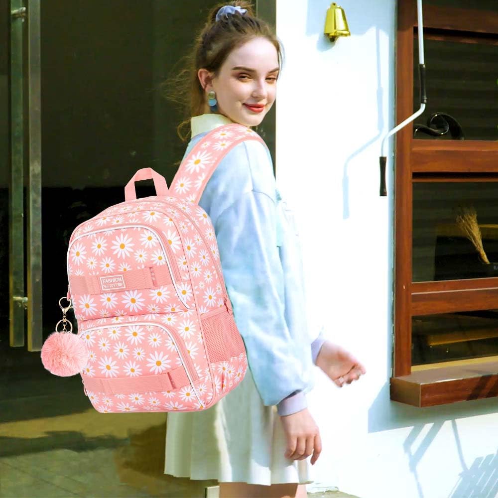 AGSDON 3PCS Daisy Girls Backpack, 17 Inch Laptop School Bookbag Teen College Water Resistant Kids Backpacks with Lunch Box Set - Pink - Image 6
