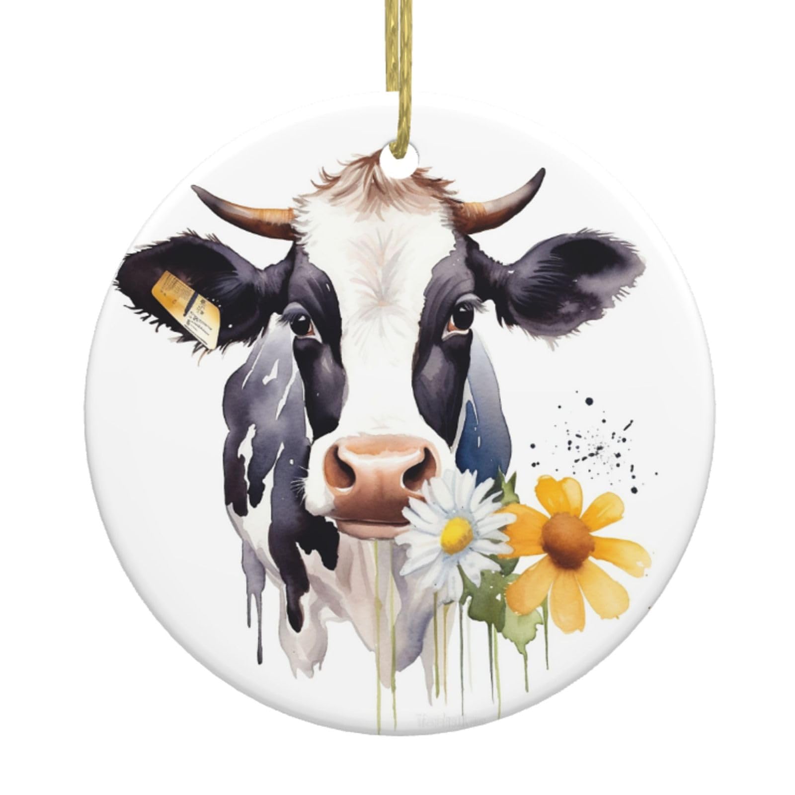 Fodpand Women's White Watercolor Cow And Daisy Flower Christmas Ornaments 2025, Gift Exchange For Men, Collectible Ceramic Ornament Round Hanging Ornaments For Christmas Tree Decoration
