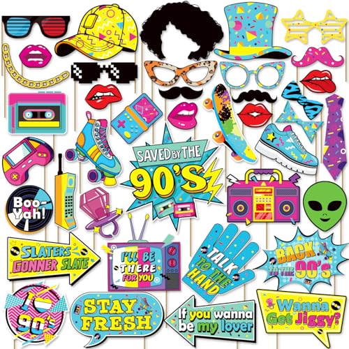 40 PCS 90s Party Decorations,90s Theme Party Photo Props,Retro Party Decorations,90's Photo Booth Props for Adults & Kids,90's Dector Perfect for Birthday Decades Party Supplies Favors