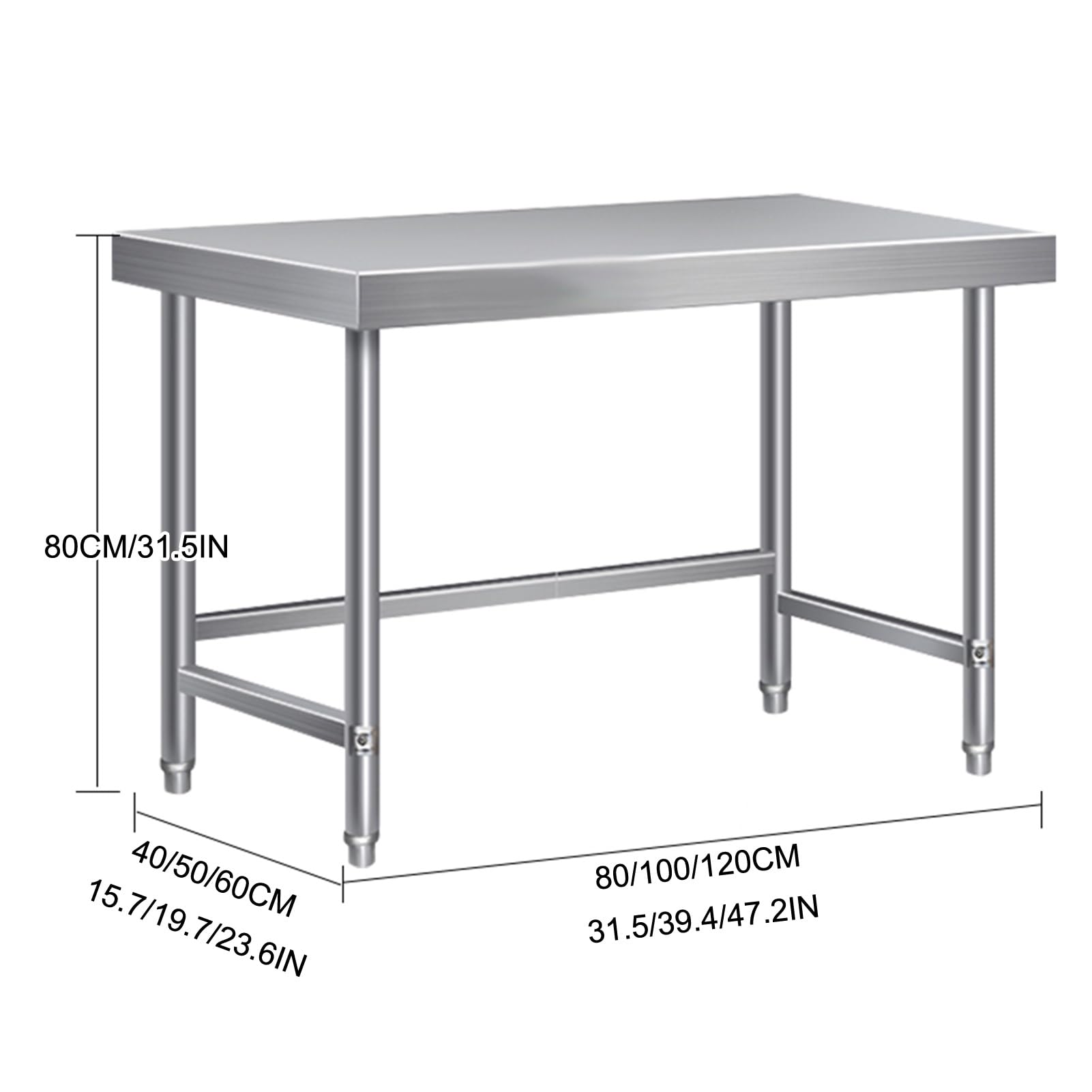 Mesa de trabajo comercial de acero inoxidable ajustable para cocina, restaurante, garaje y almacén, 100 x 50 x 80 cm