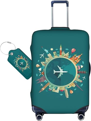 Suitcase Cover Protector and Luggage Tag Combination, Elastic Washable Fashionable Anti-Scratch, Beige, XL 29-32 Inch Luggage, World Travel