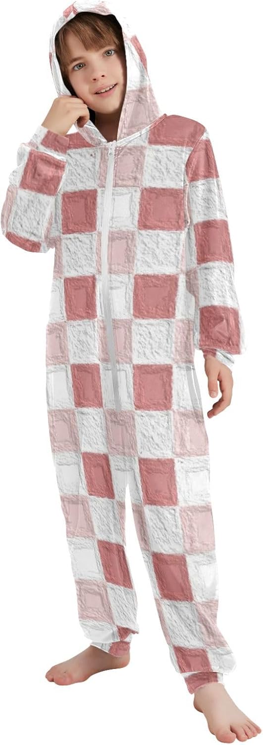 Pink Checkered PatternPajamasZipper Hooded One-Piecing Costume Sleepwearfor Christmas Home