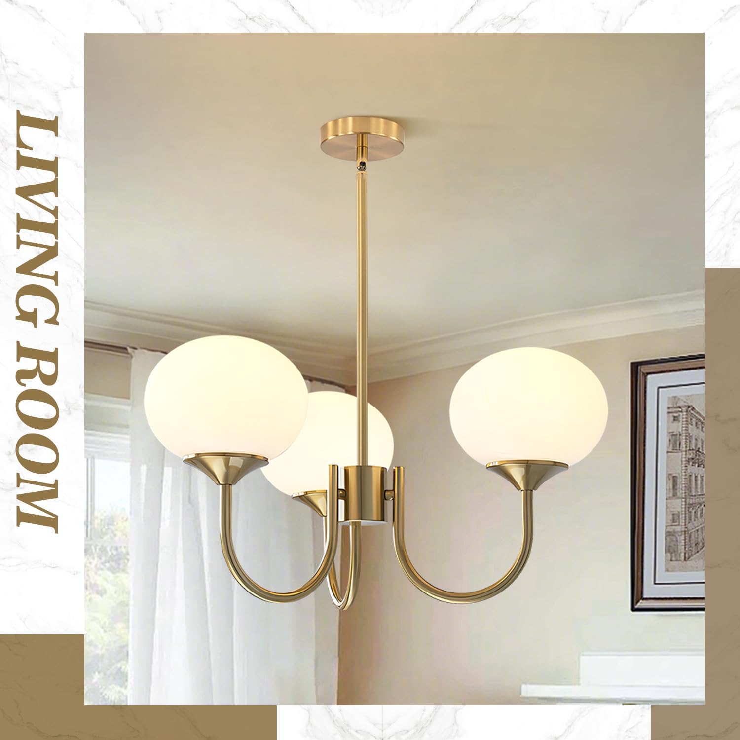 BOKT Mid Century Modern Globe Sputnik Chandelier Vintage 3 Light Milk Glass Pendant Light Large White and Gold Ball Chandelier Light Brushed Brass Sputnik Hanging Light Fixture for Bedroom