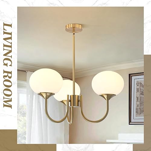 Miniatura 5 de BOKT Lámpara de araña Sputnik moderna de mediados de siglo con forma de globo vintage de 3 luces de vidrio de leche, lámpara colgante grande de bola