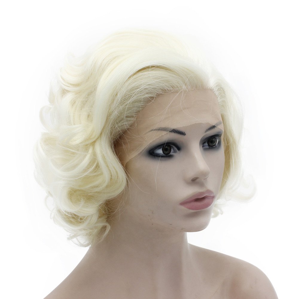 MX angel Heat Resistant Half Hand Tied Light Blond Synthetic Lace Front Natural Short Stylish Curly Wig