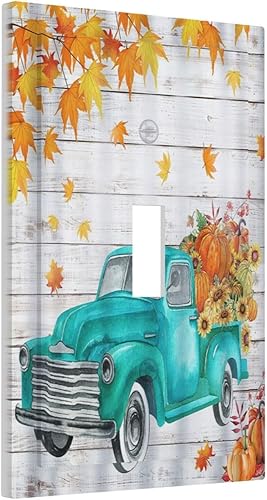 Placas de pared vintage de otoño y otoño con una sola palanca, hojas de camión, textura de tablón, cubierta de interruptor de luz de 1 pandilla,
