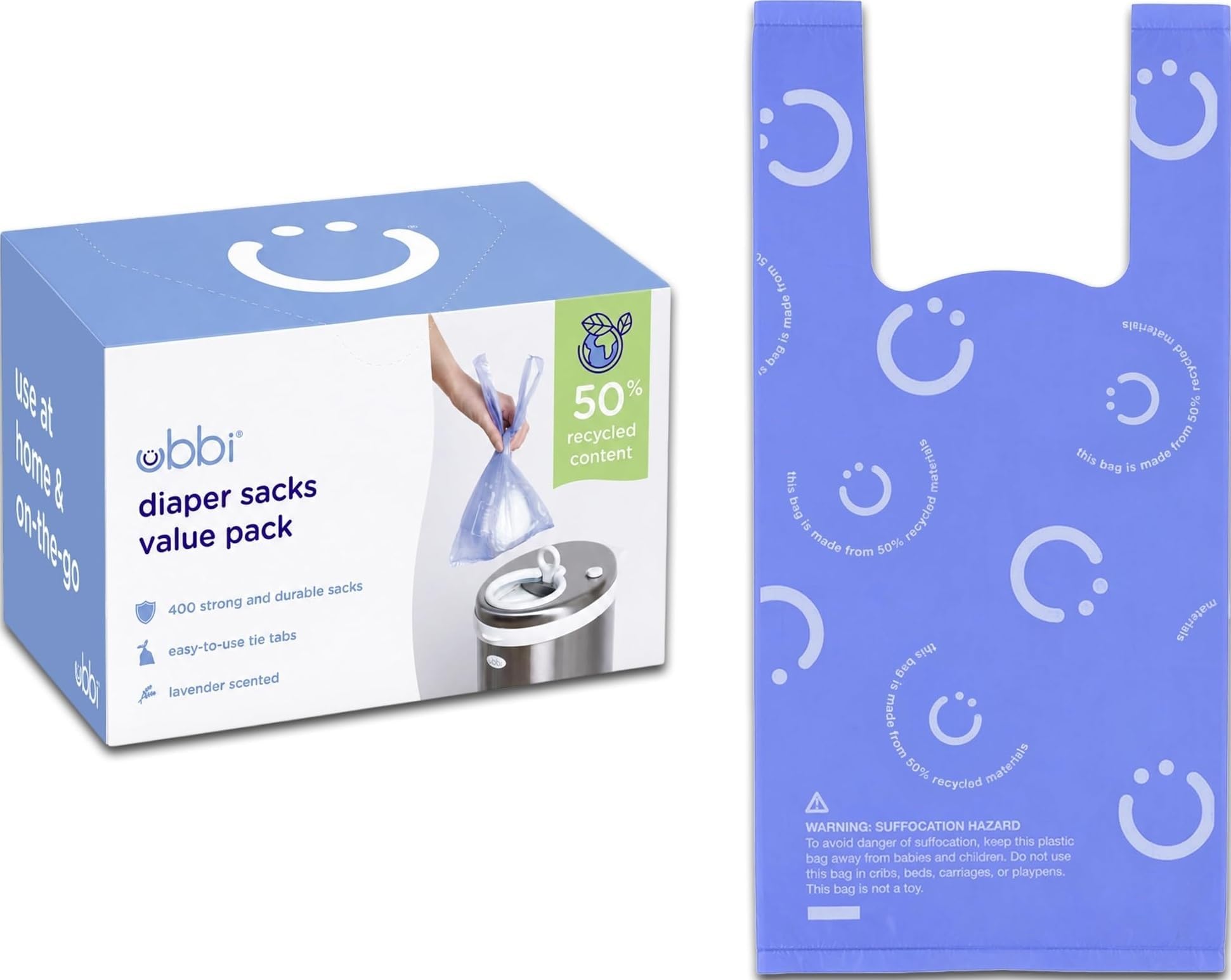 Ubbi Disposable Baby Diaper Sacks, Lavender Scented, 400 Count | Easy-To-Tie Tabs, Made from 50% Recycled Material, Disposable On-The-Go Bags, Diaper Bag and Travel Essential