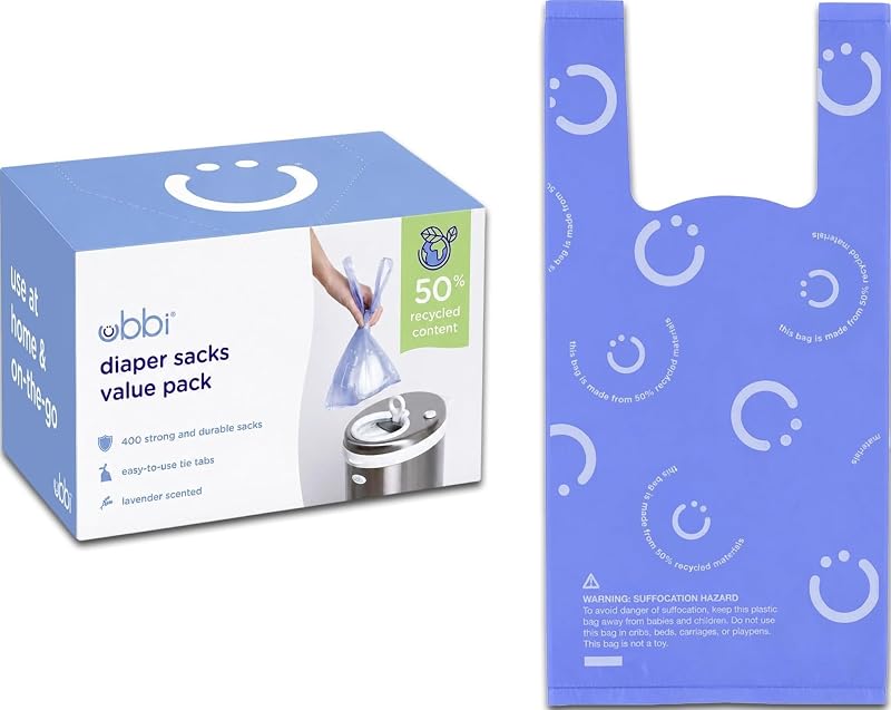 Ubbi Sacos desechables para pañales para bebés, aroma a lavanda, 400 unidades | Pestañas fáciles de atar, hechas con un 50 % de material reciclado, bolsas desechables para llevar, bolsa para pañales y artículos esenciales de viaje