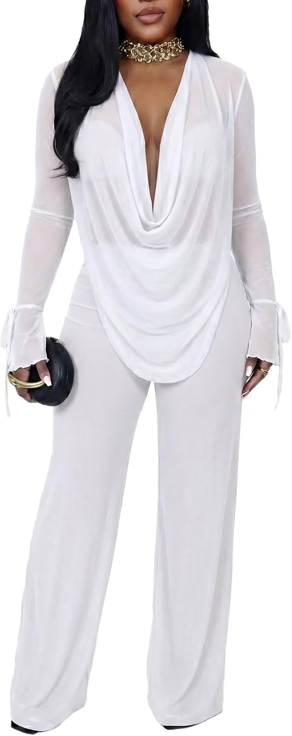 Women Mesh Two Piece Outfits See Through Cowl Neck Top and Long Pants Set Swimsuit Cover Up Beachwear