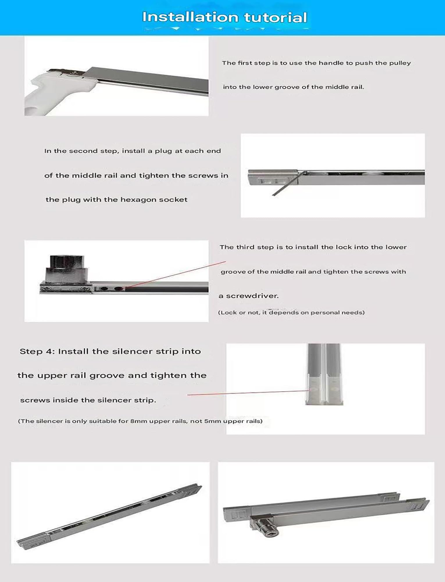 Prowadnice do drzwi przesuwnych, Zestaw aluminiowych prowadnic do drzwi przesuwnych 8 mm szkła akrylowego w kolorze srebrnym, opakowanie 3 szt(170cm/67in)