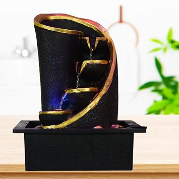 Briovy Polyresin Table Top Indoor & Outdoor Water Fall Fountain with LED Lights Diwali Home Decor Decoration Anniversary & Birthday Gift Gifting Items (Black)