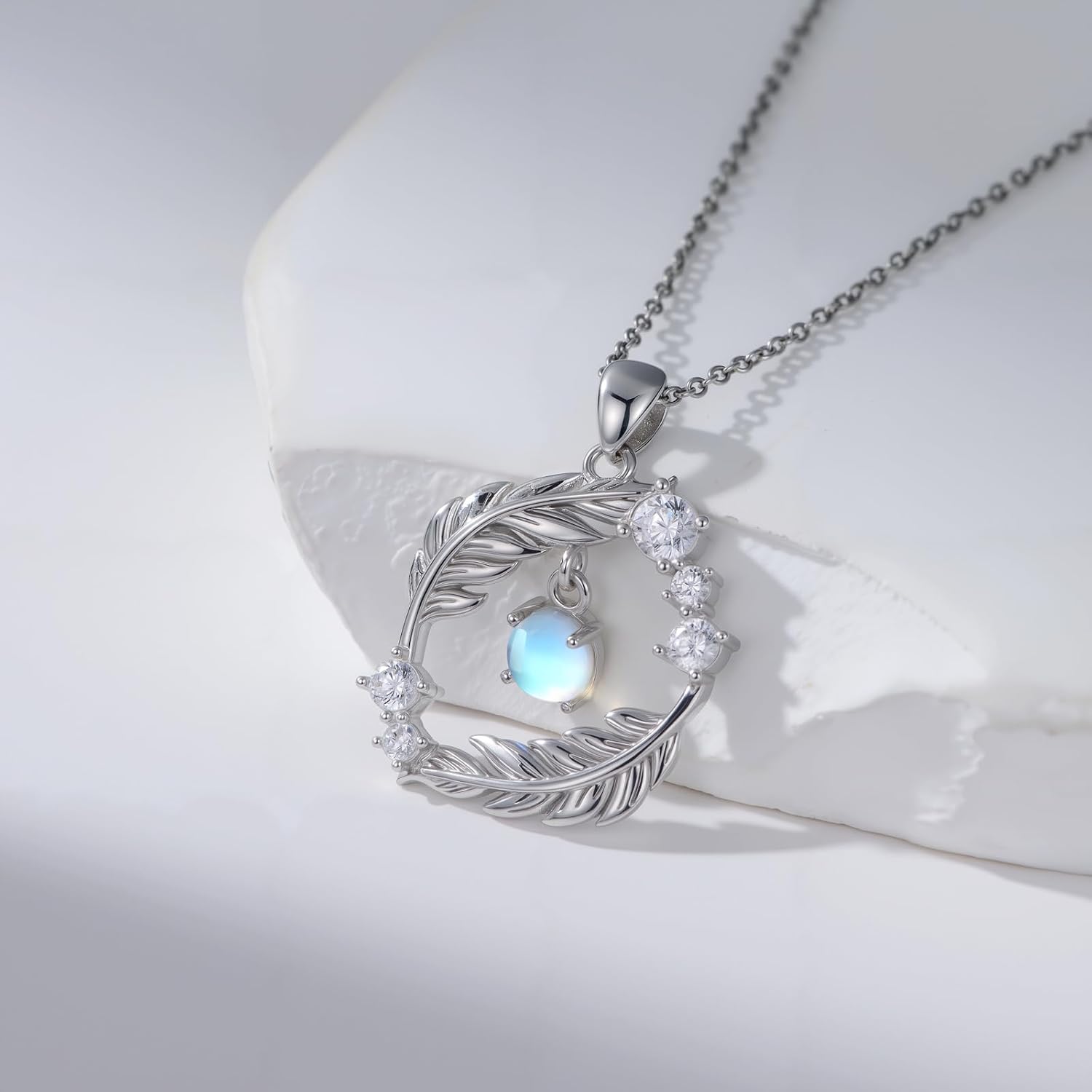 Moonstone Feather Necklace Sterling Silver, Iridescent Moonstone Pendant for Women, 925 Silver Bohemian Jewelry, Healing Crystal Gift for Her - Image 2