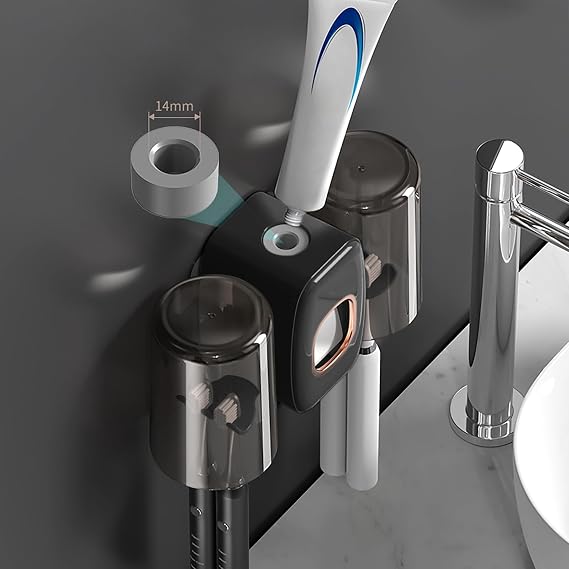 toothbrush holder wall mounted, toothpaste dispenser, electric toothbrush holder, With 4 Brush Slots 2 Cups No Drilling Required (Black)