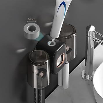 toothbrush holder wall mounted, toothpaste dispenser, electric toothbrush holder, With 4 Brush Slots 2 Cups No Drilling Required (Black)