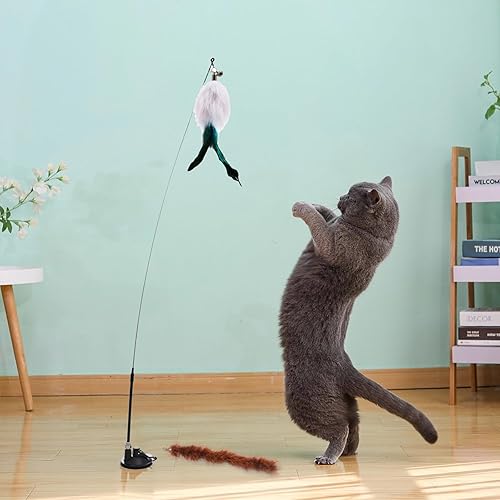 Miniatura 8 de Juguete interactivo para gatos con ventosa fuerte, juguete de plumas para gatos de interior con campana, alambre flexible y 5 plumas de repuesto,