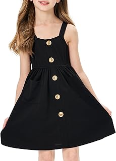 Girls Spaghetti Straps Sleeveless Button Dress Loose Swing Casual Beach Midi A-Line Dress Sundress with Pockets - Buy now