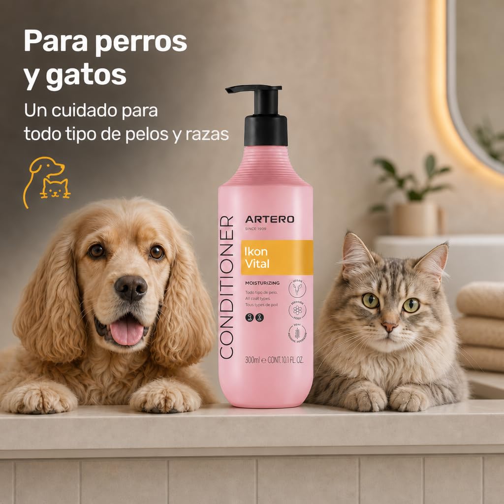 Artero Ikon Vital. Acondicionador para Perros. Hidrata, Suaviza y Protege el Manto. Enriquecido con Avena, Ideal para Pieles sensibles y mantos con Nudos o Tendencia al encrespamiento. (300 ml)