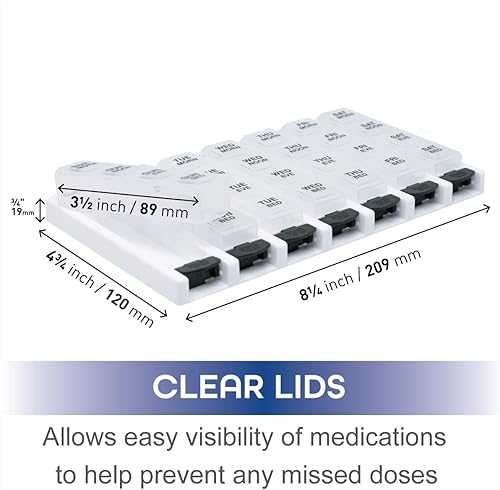 Miniatura 3 de Remind N' Time Organizador semanal de pastillas (7 días), caja de vitaminas y medicamentos, 2XL compartimentos con botón, 4 veces al día, tapas