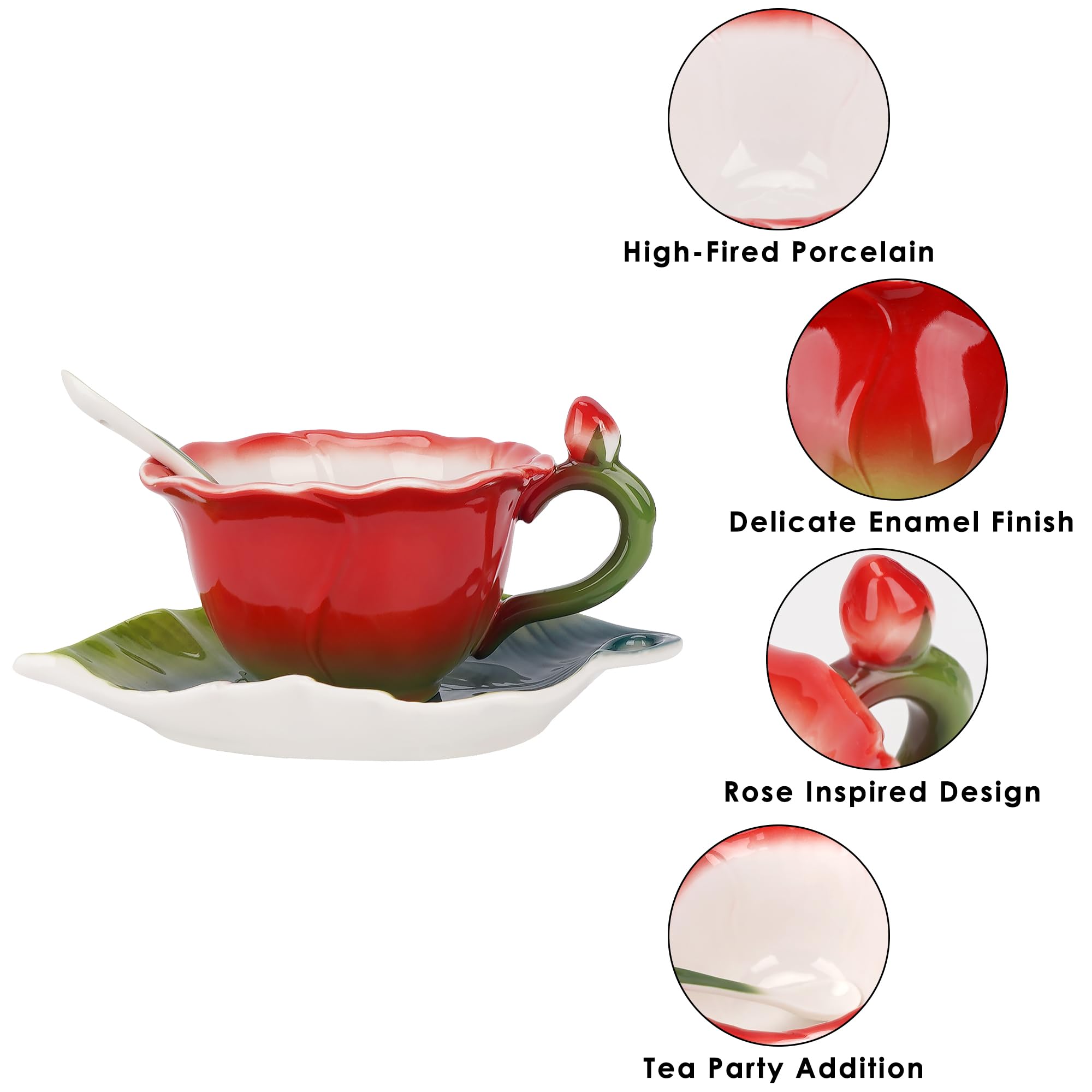 Juego de taza de té y platillo floral de rosa roja para mujer, taza de té de porcelana esmaltada de 5.6 onzas con cuchara