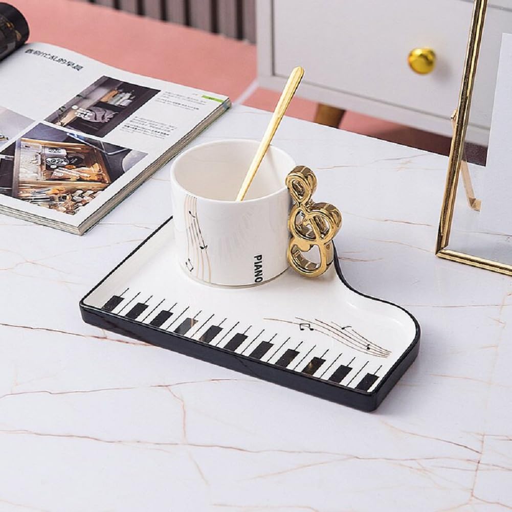 Kreative Klavier Kaffeetasse mit Unterteller und Löffel,200ml Keramik Cappuccinotasse Süß Musiknoten Espressotasse Mochatasse Geschenk für Mutter freundin Geburtstag Valentinstag (Weiß)