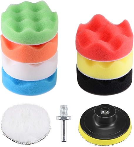uxcell Kit de almohadilla de pulido de taladro de espuma de 3 pulgadas, 7 almohadillas de esponja onduladas, 1 almohadilla de lana, 1 almohadilla de