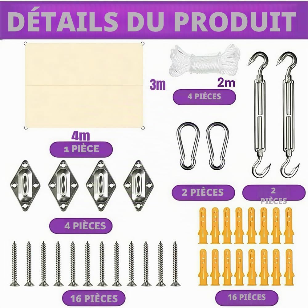 Voile d'ombrage rectangulaire avec œillets, 3 x 4 m, avec Fixation, pour Balcon, Protection Anti-UV et résistant aux intempéries, pour terrasse, Jardin, Piscine