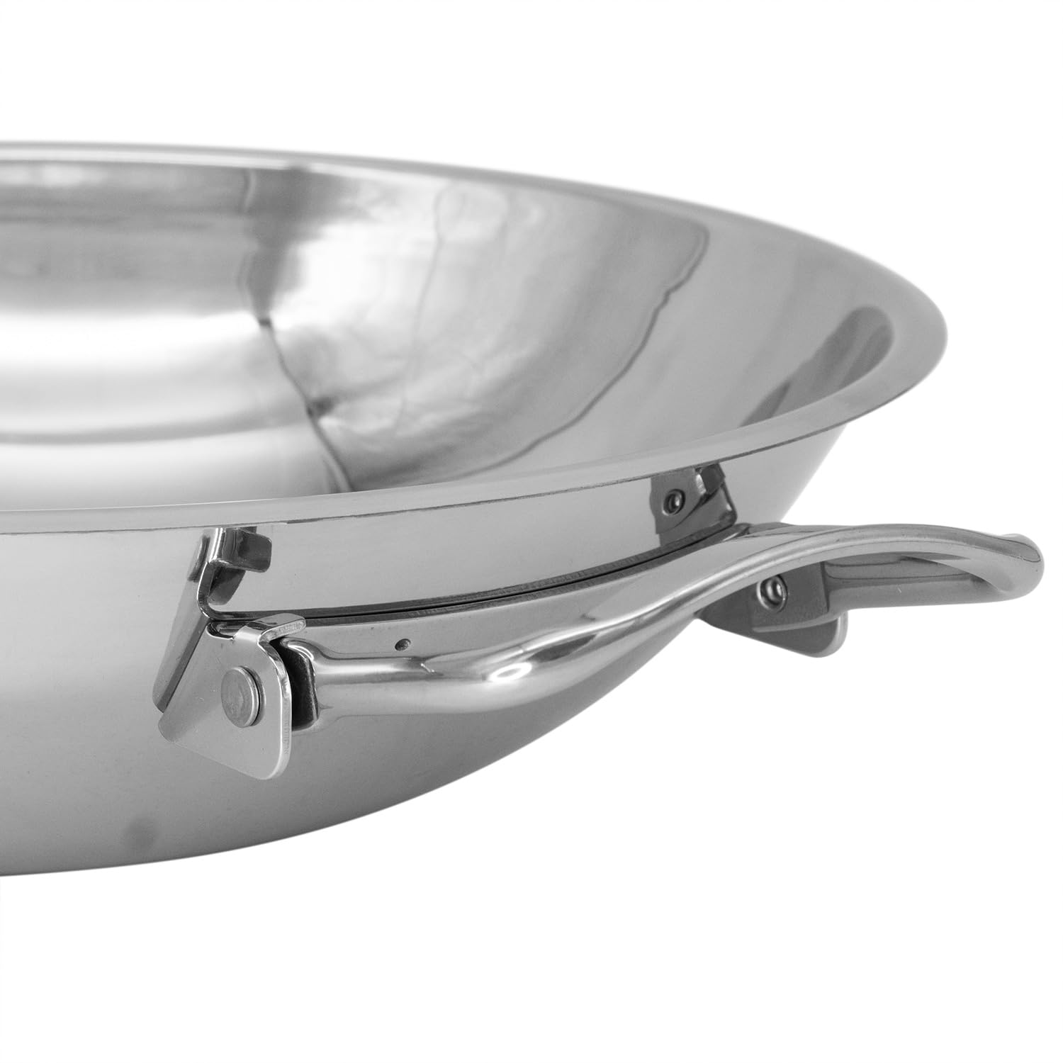 Wok Pfanne Edelstahl Ø 30 cm mit abklappbaren Griffen, runder Boden, spülmaschinengeeignet, für Gasgrill, Gasherd, Induktion