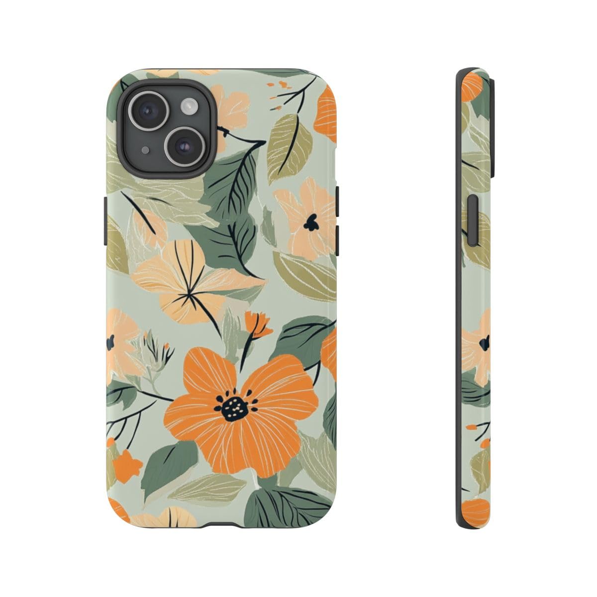 Coque iPhone 15 Plus florale orange anti-rayures à finition brillante