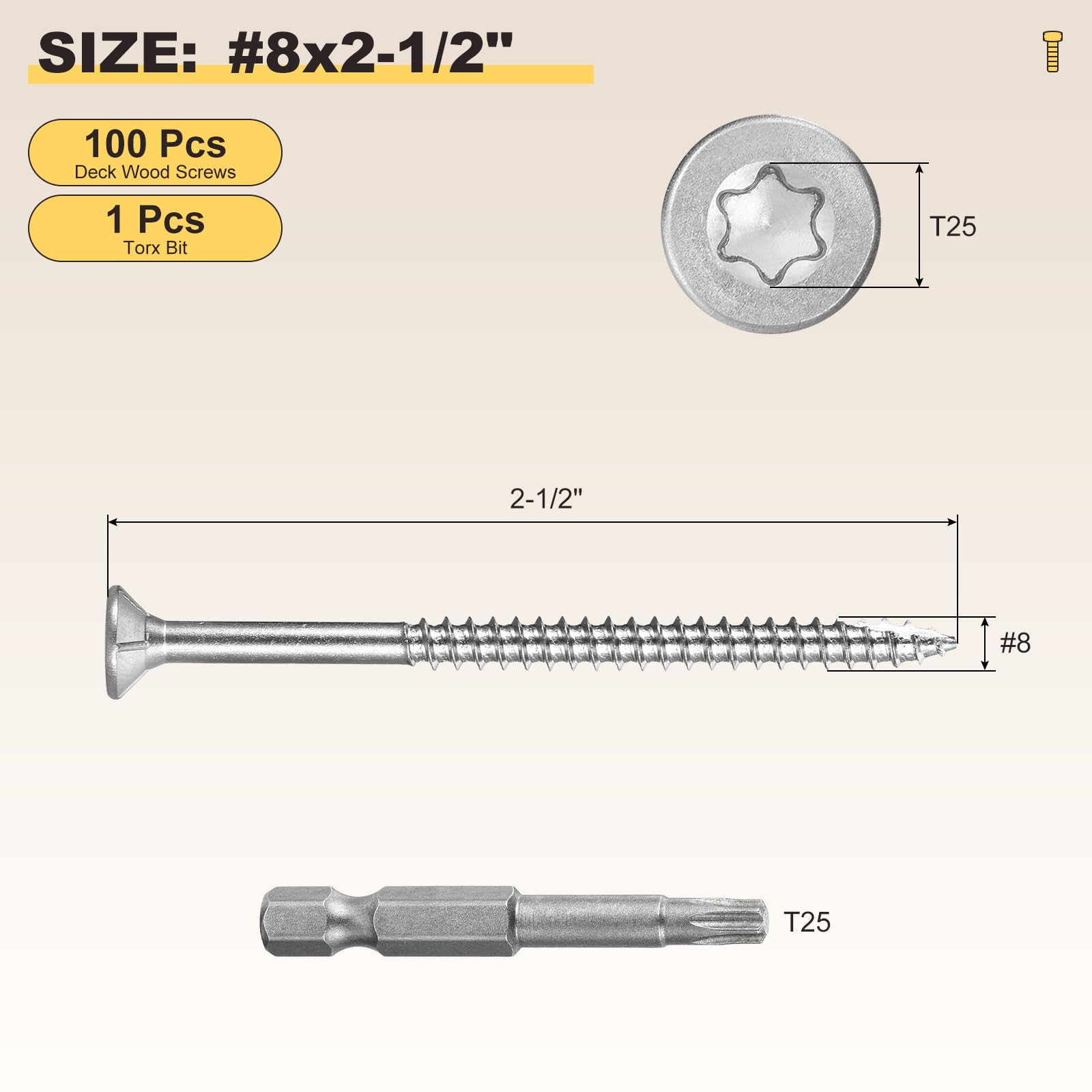 METALLIXITY Deck Screws (#8x2-1/2") 100Pcs, 410 Stainless Steel Wood Screw Decking Screws with T25 Torx Drive Head - Image 2
