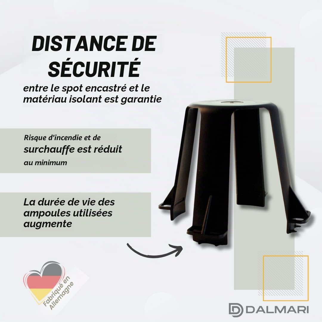 Lot de 10 entretoises pour spots LED halogènes encastrables, protection contre la chaleur pour spots encastrables, noir, 62-90 mm