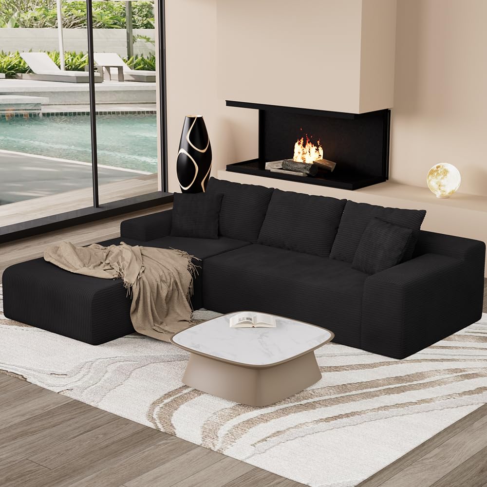 GLAMOUT 96" L Shaped Modular Sectional Sofa, Boneless Cloud Couch with Deep Seat Chaise, Compressed Memory Foam Corduroy Sofa, No Assembly, 3 Seater