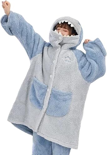 Shark Pajamas, Top and Bottom Set, Unisex, Funny, with Tail, Gloves, Hooded, Open Front, Fluffy, Cozy, Warm, Cold Protection, Loungewear, Roomwear, Spring, Fall, Winter, Womens, Mens