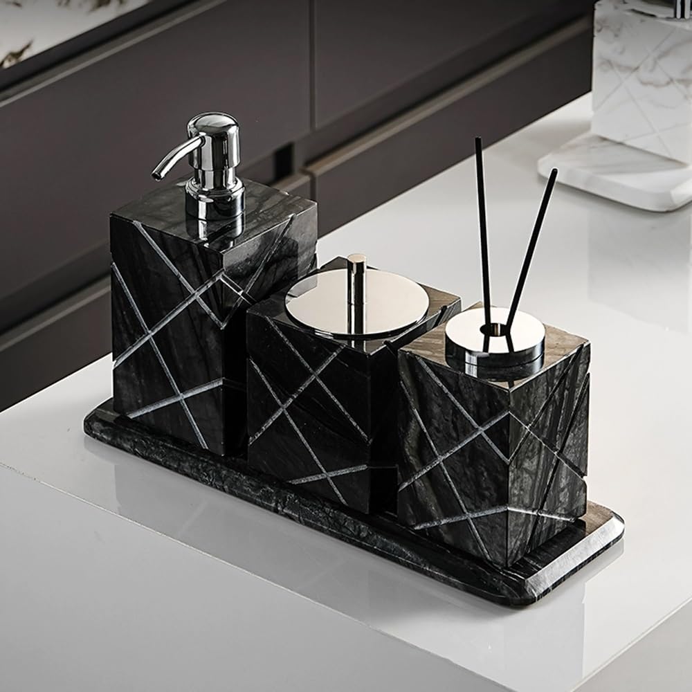 Seifenspender-Set mit rostfreier Pumpe, nachfüllbarer Flüssigseifenspender in Marmoroptik for Handseife, Seife und Lotion(Black)