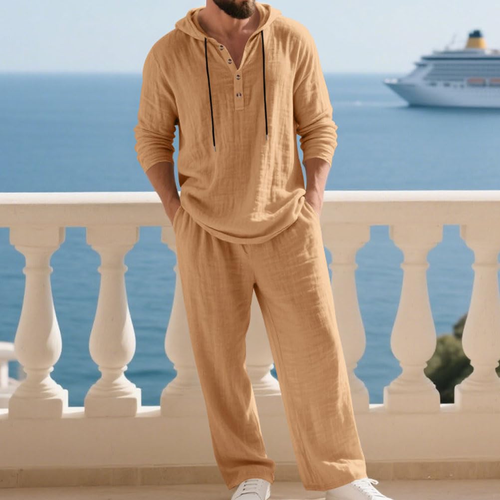 Homme Ensemble en Lin 2 Pièce Chemises Shirt à Capuche Manches Longues Pantalons Casual Vintage Survêtement Printemps Été