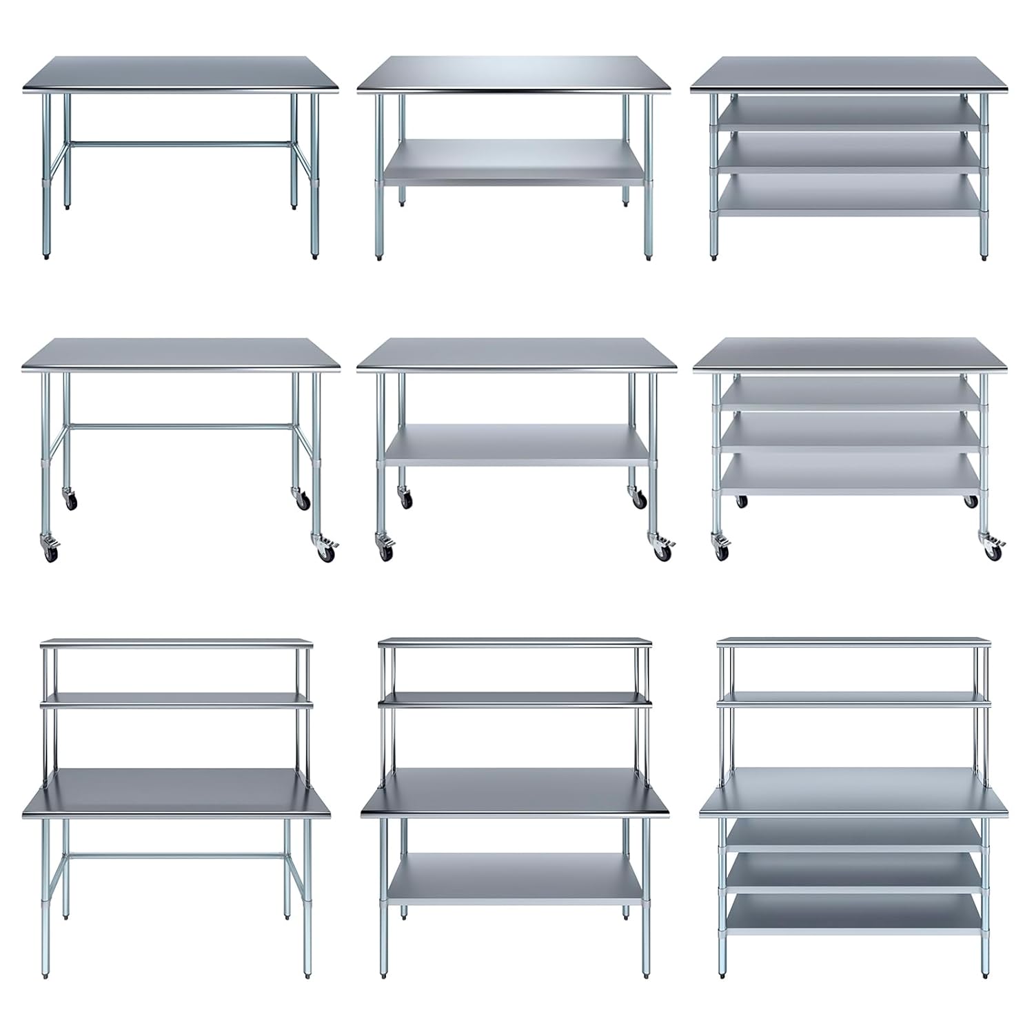 24 in. x 60 in. Stainless Steel Work Table – Customize Everything - Custom Height, Single or Double Overshelf, 1–3 Undershelves or Open Base, Drawers, Casters or Flanged Feet
