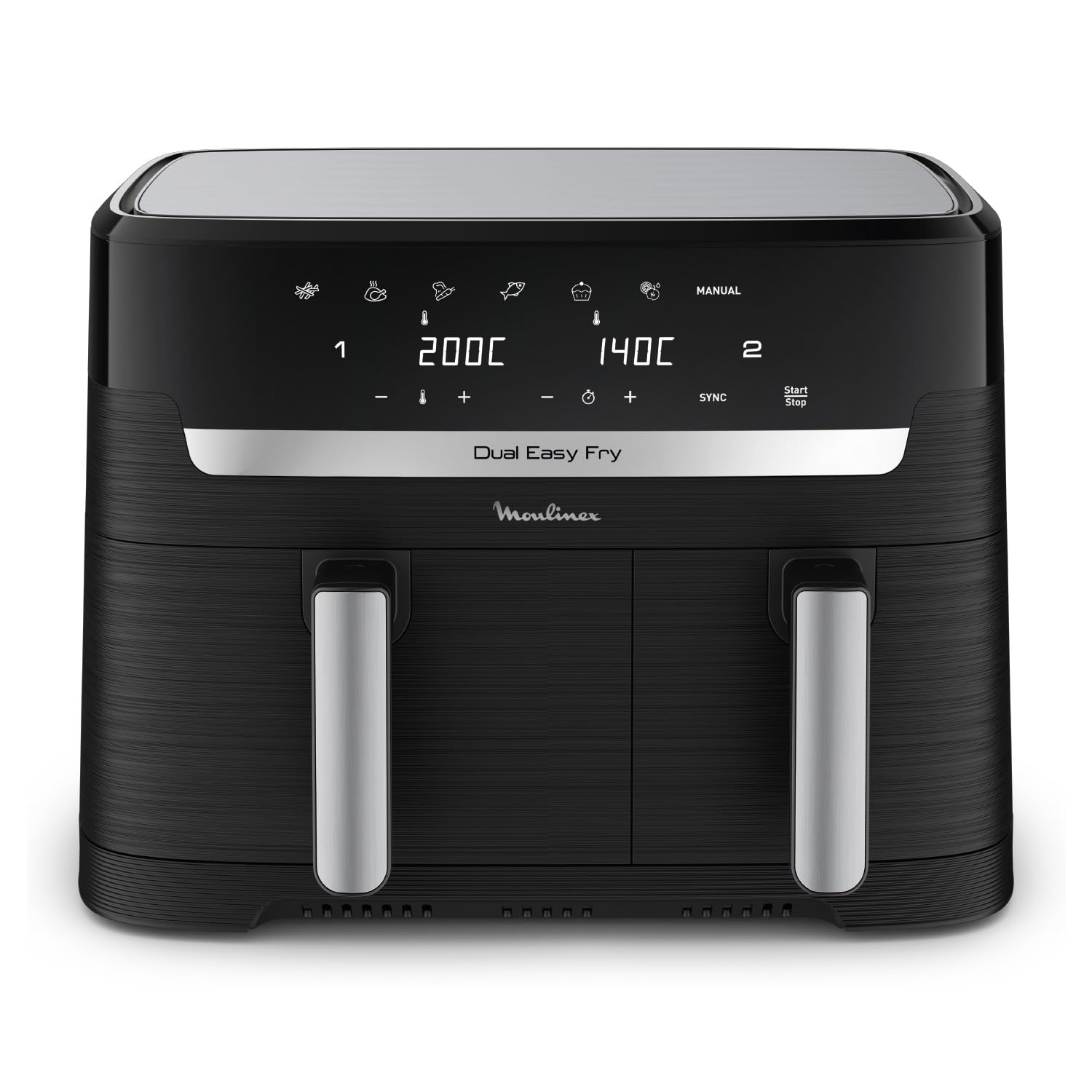 Moulinex air fryer two compartments, large capacity 8.3L, 8 people, 7 automatic programs, oil-free fryer, digital touch screen, Dual essential stainless steel, EZ901820, Black