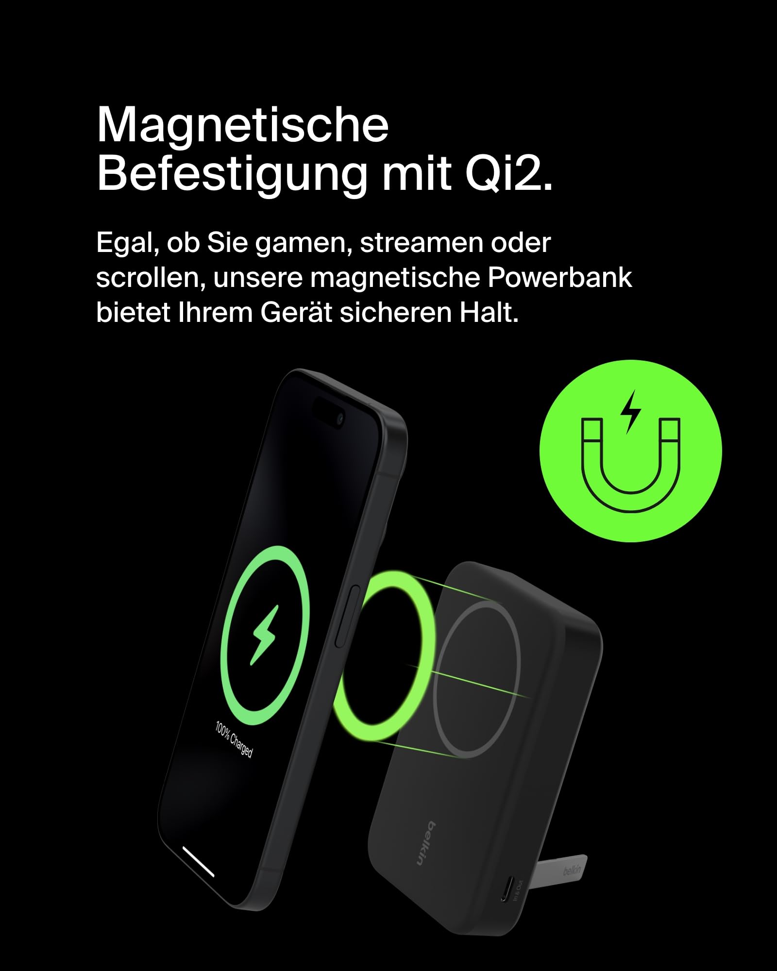 Belkin BoostCharge Pro Kabellose Powerbank 10000mAh mit Qi2, MagSafe-Kompatibles Tragbares Ladegerät mit Integriertem Ständer, für iPhone 17, iPhone Air, iPhone 16, 15, 14, Pixelsnap usw. – Schwarz