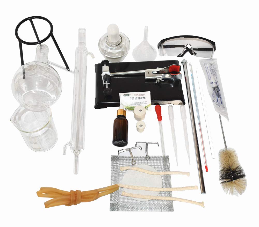 Kit de cristalería de laboratorio de 500 ml de destilación de vidrio aparato de destilación de aceite esencial destilador de agua purificador para hacer su propio aceite esencial,(condensador recto)