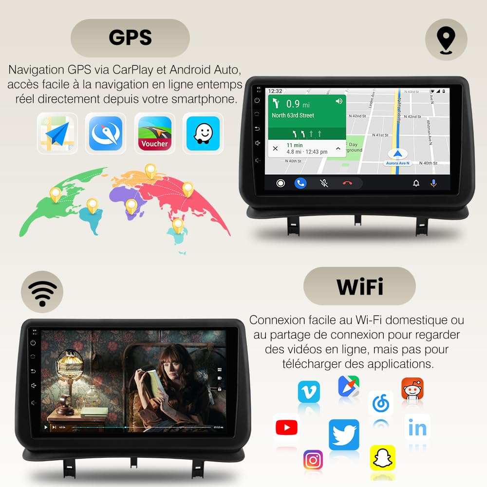AWESAFE Autoradio pour Renault Clio III 2005-2014, 9 Pouces Écran Tactile HD, CarPlay & Android Auto sans Fil, Bluetooth, Caméra de recul, Commande au Volant, DSP, WiFi GPS
