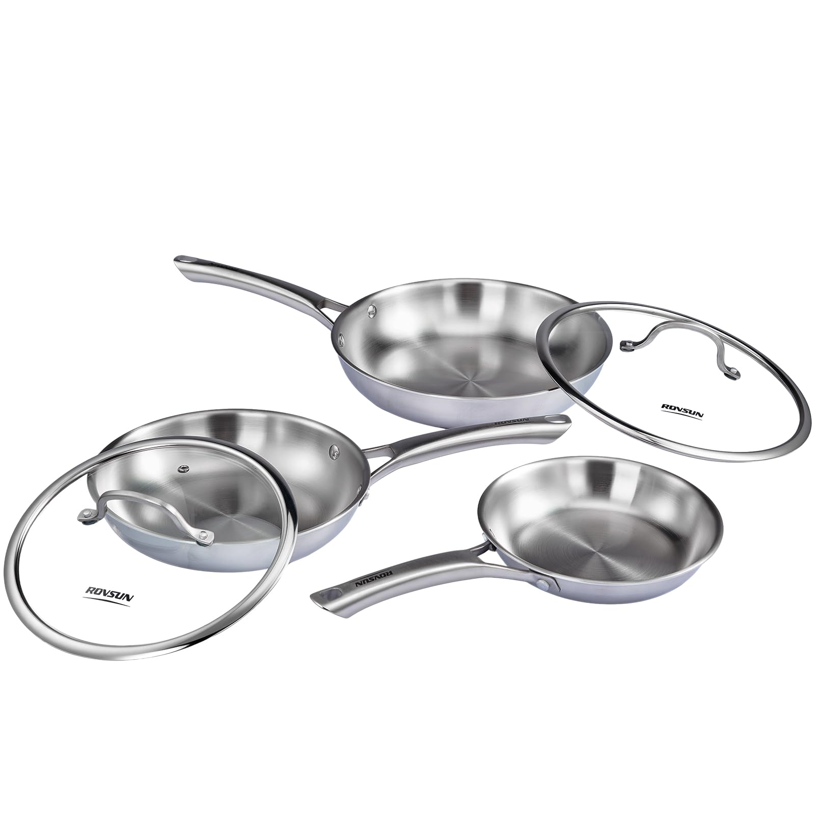 Bonnlo 5Pcs Stainless Steel Frying Pan Set, Induction Hob Pot Set Non Toxic, Cookware Set with Lid, Riveted Handle, Free PFOA and PTFE, Dishwash Safe - 20cm 25cm 28cm