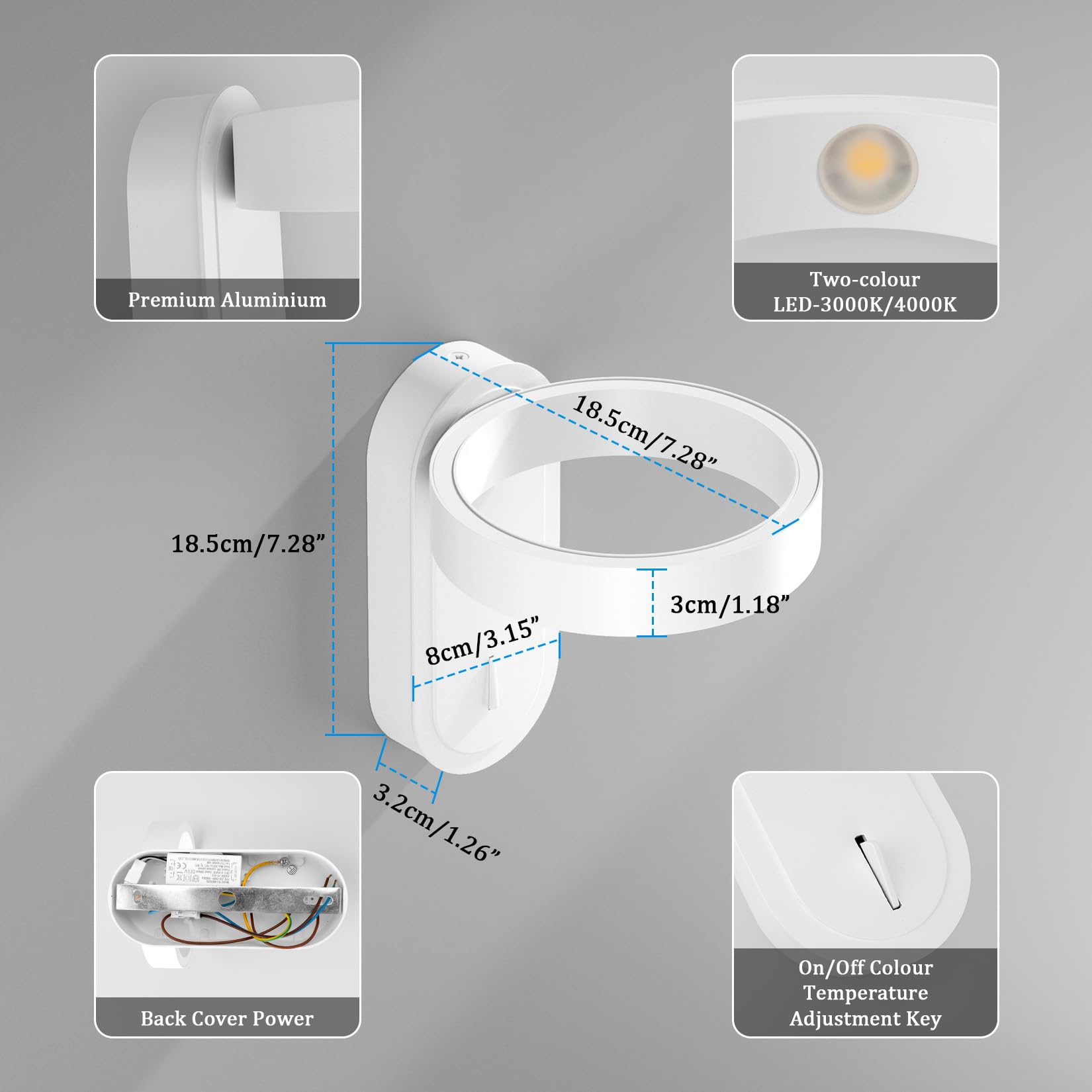 Klighten Aplique de pared Interior 5W con Interruptor 3000K/4000K, Blanco