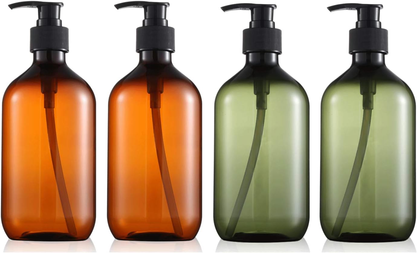 17 Ounce Hand Soap Dispenser Bottles, Refillable Plastic Pump Bottle Containers, for Kitchen and Bathroom, Amber and Green, 4 Pcs