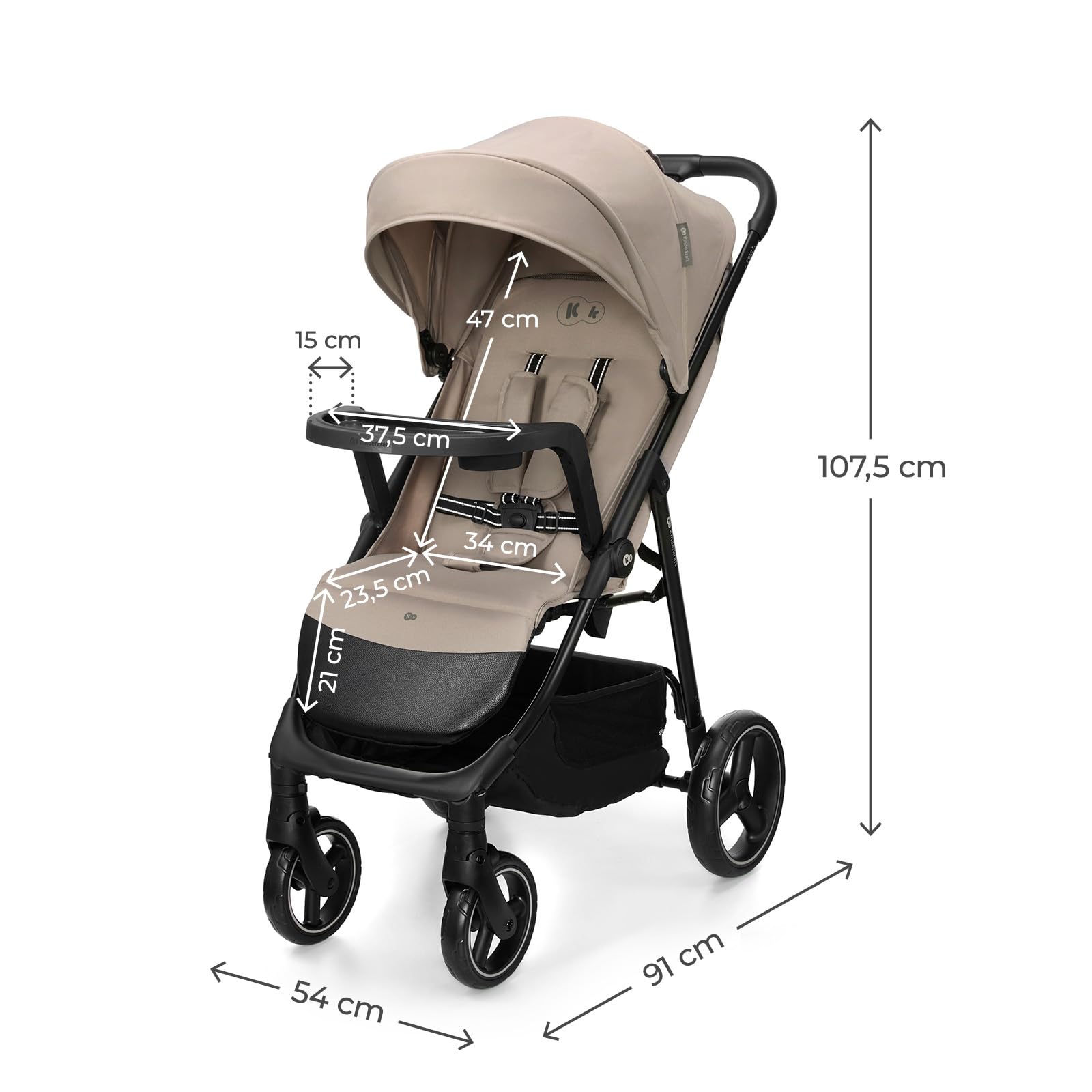 Kinderkraft TRIG 3 con vassoio, Passeggino 22 kg, CLICK & FOLD, Beige
