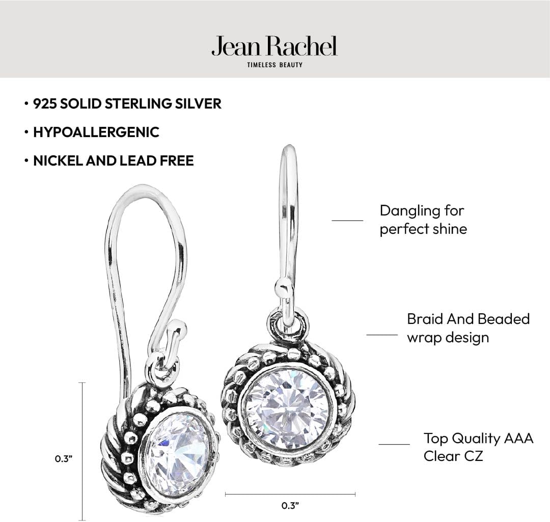 JEAN RACHEL JEWELRY 925 Sterling Silver Dangle Earrings for Women - Rope with Cubic Zirconia Vintage Design - Hypoallergenic, Lead & Nickel Free - Artisan Handcrafted Statement Earrings